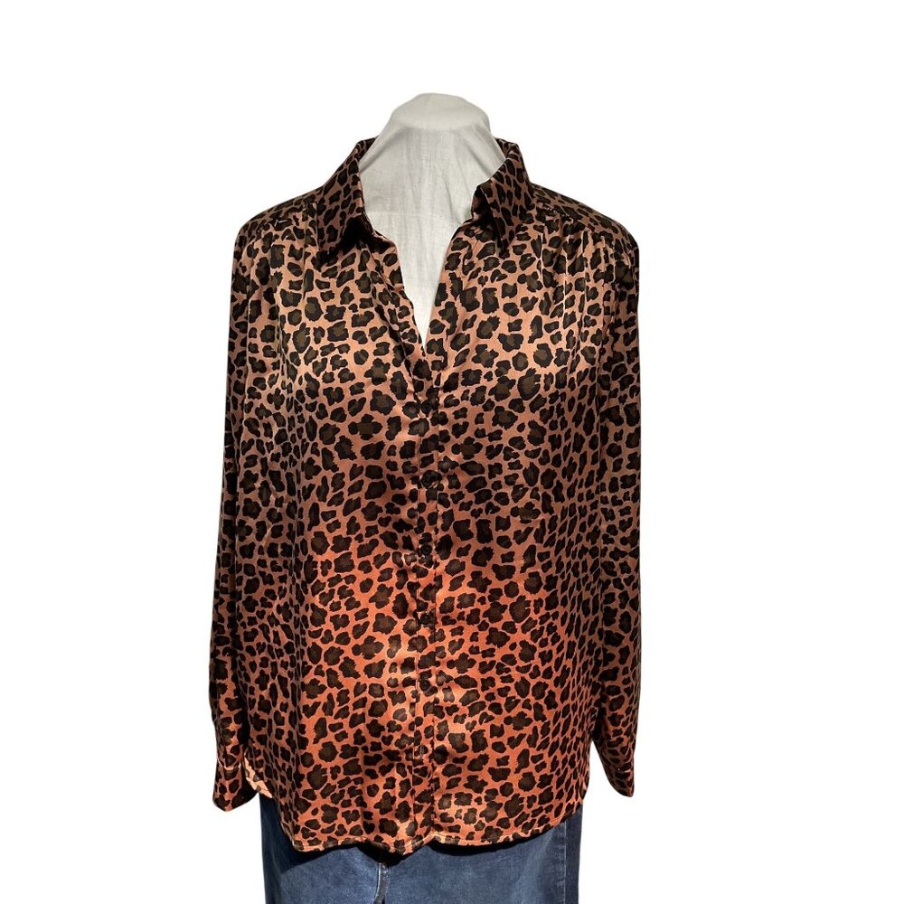 Pleione Leopard Print Satin Blouse XL Button-Down Long Sleeve Lightweight Womens
